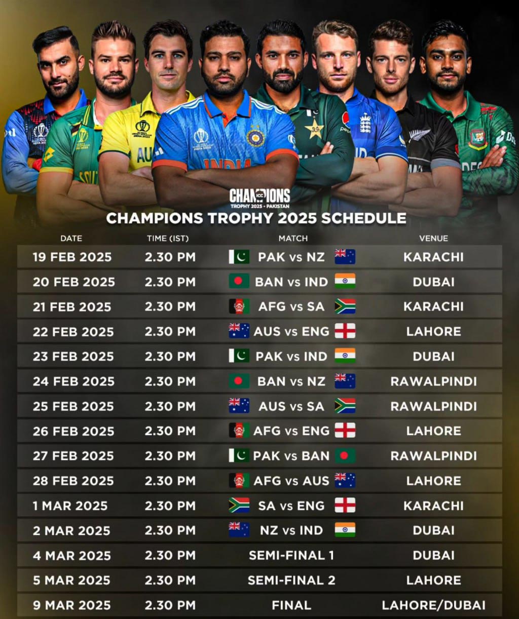 icc champions trophy 2025 schedule and date venue place